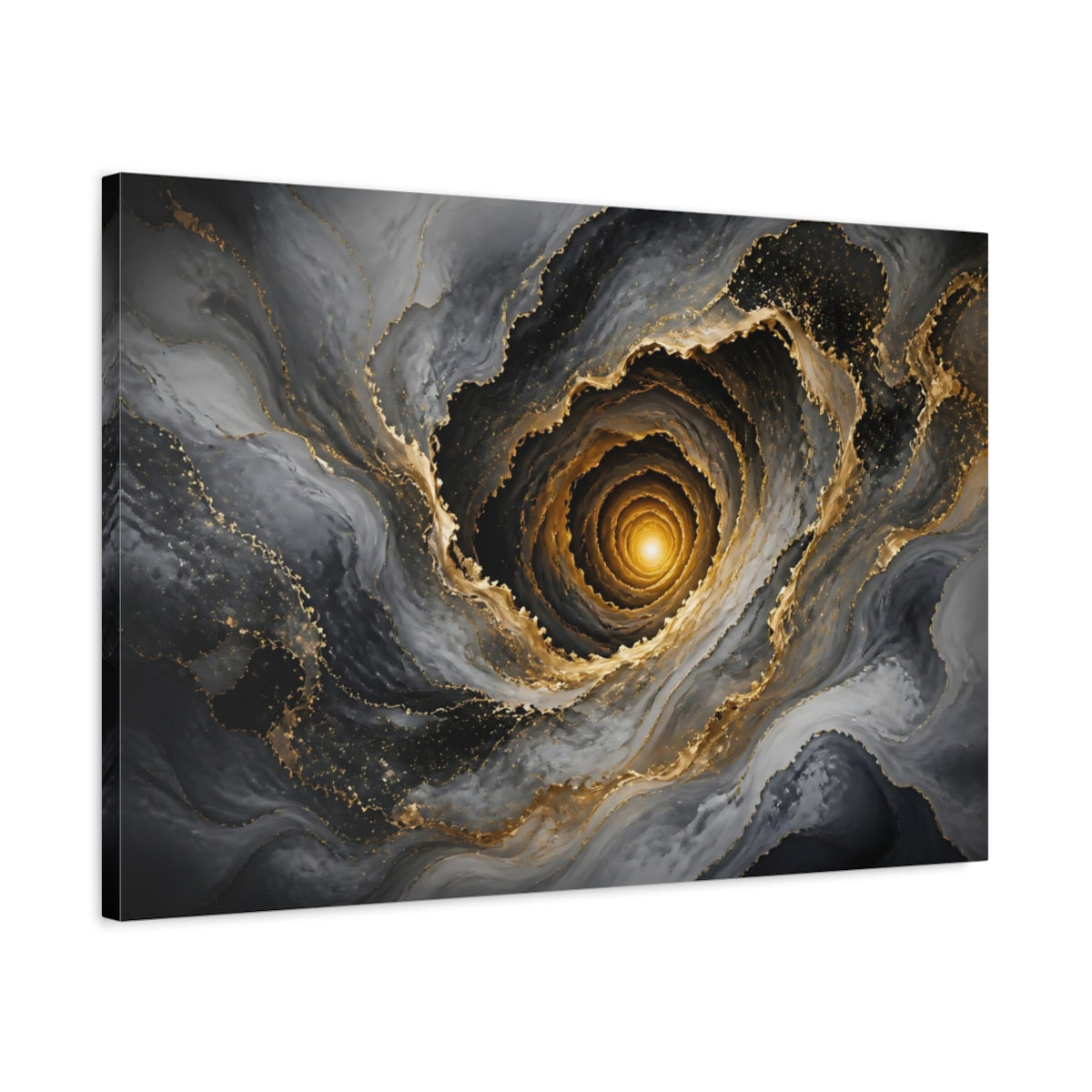 Side Mockup 2. Abstract Abstract Vortex Grey Gold Vortex shown as stretched canvas wall art