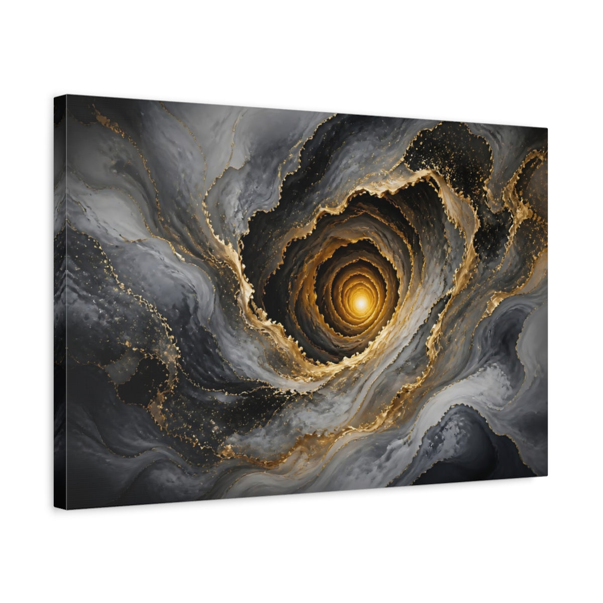 Side Mockup 3. Abstract Abstract Vortex Grey Gold Vortex shown as stretched canvas wall art