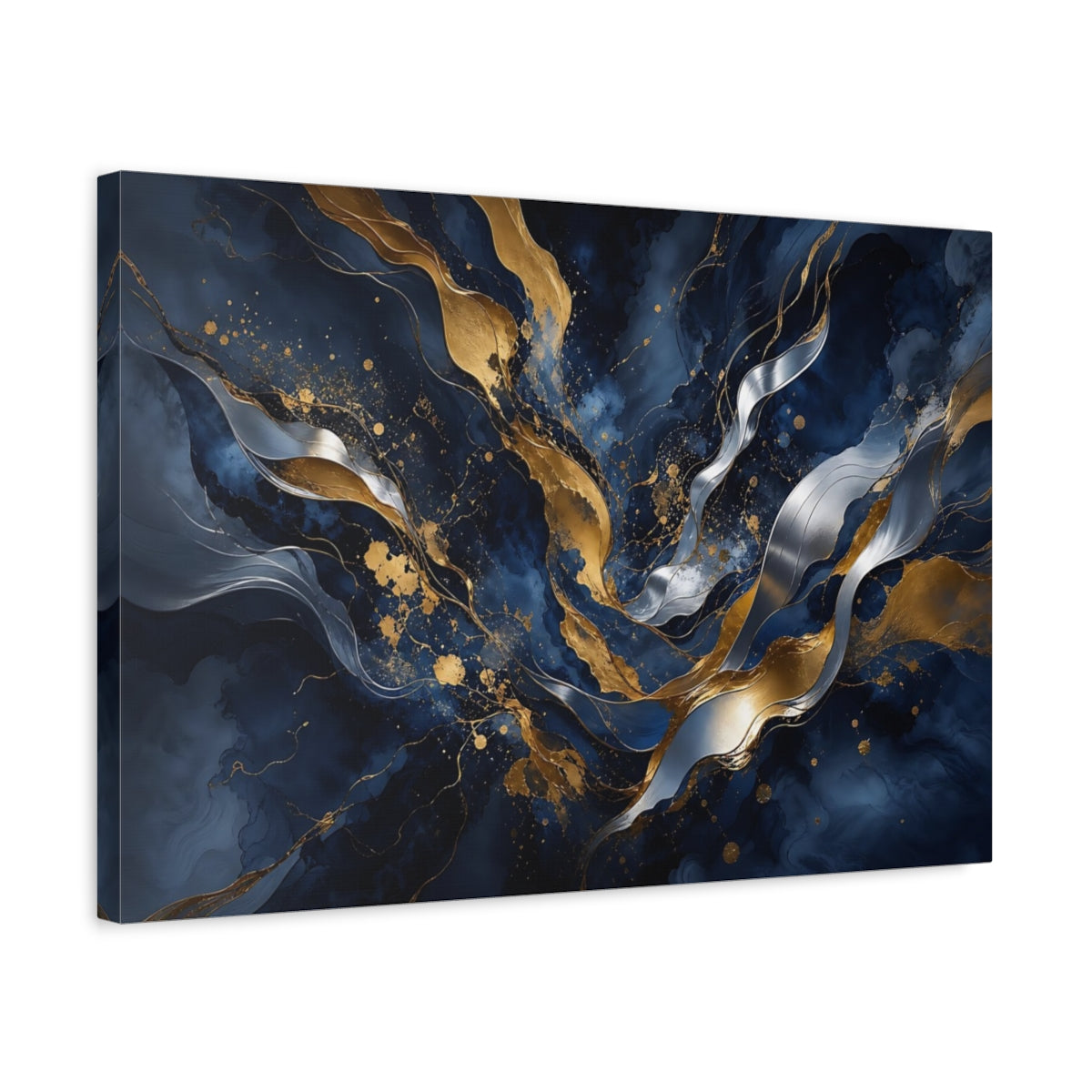 Side Mockup 3. Abstract Abstract Waves Navy Gold Abstract shown as stretched canvas wall art