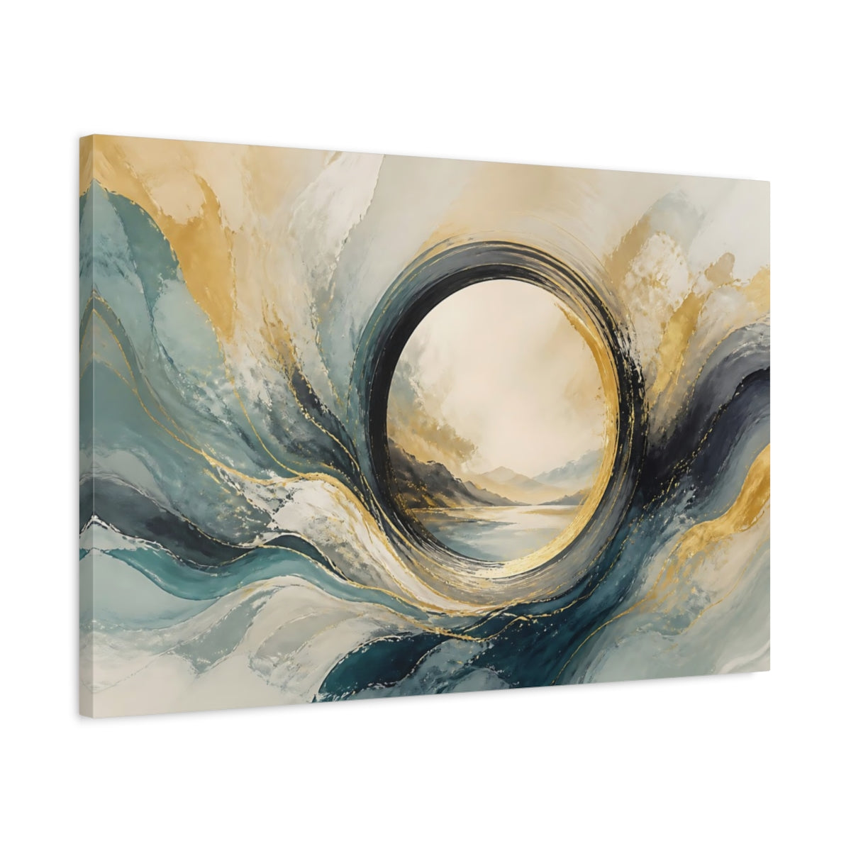 Side Mockup 2. Abstract Abstract Waves Teal Gold Abstract shown as stretched canvas wall art