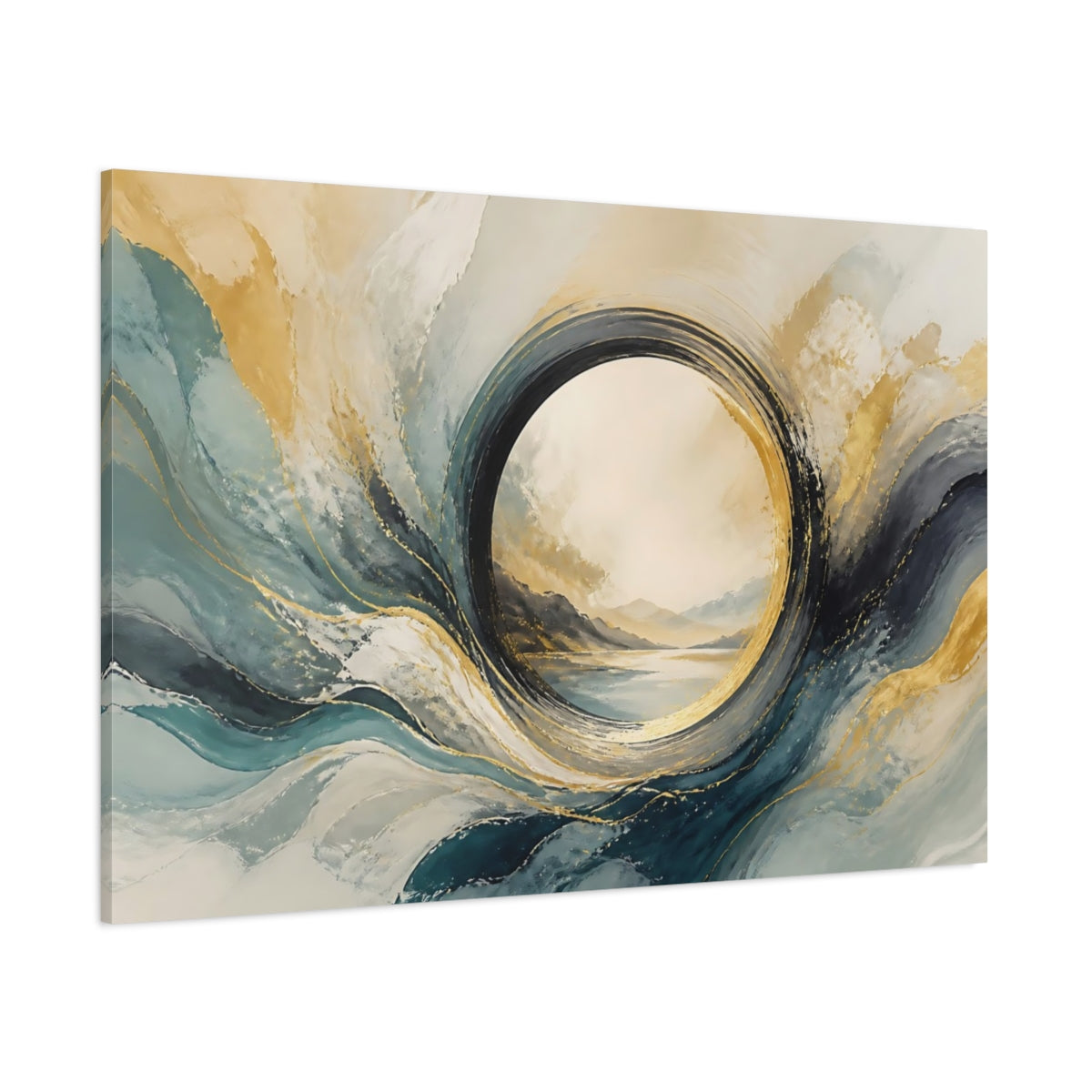 Side Mockup 1. Abstract Abstract Waves Teal Gold Abstract shown as stretched canvas wall art