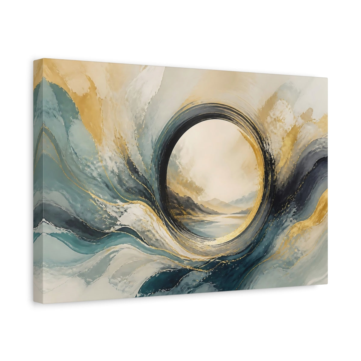 Side Mockup 4. Abstract Abstract Waves Teal Gold Abstract shown as stretched canvas wall art
