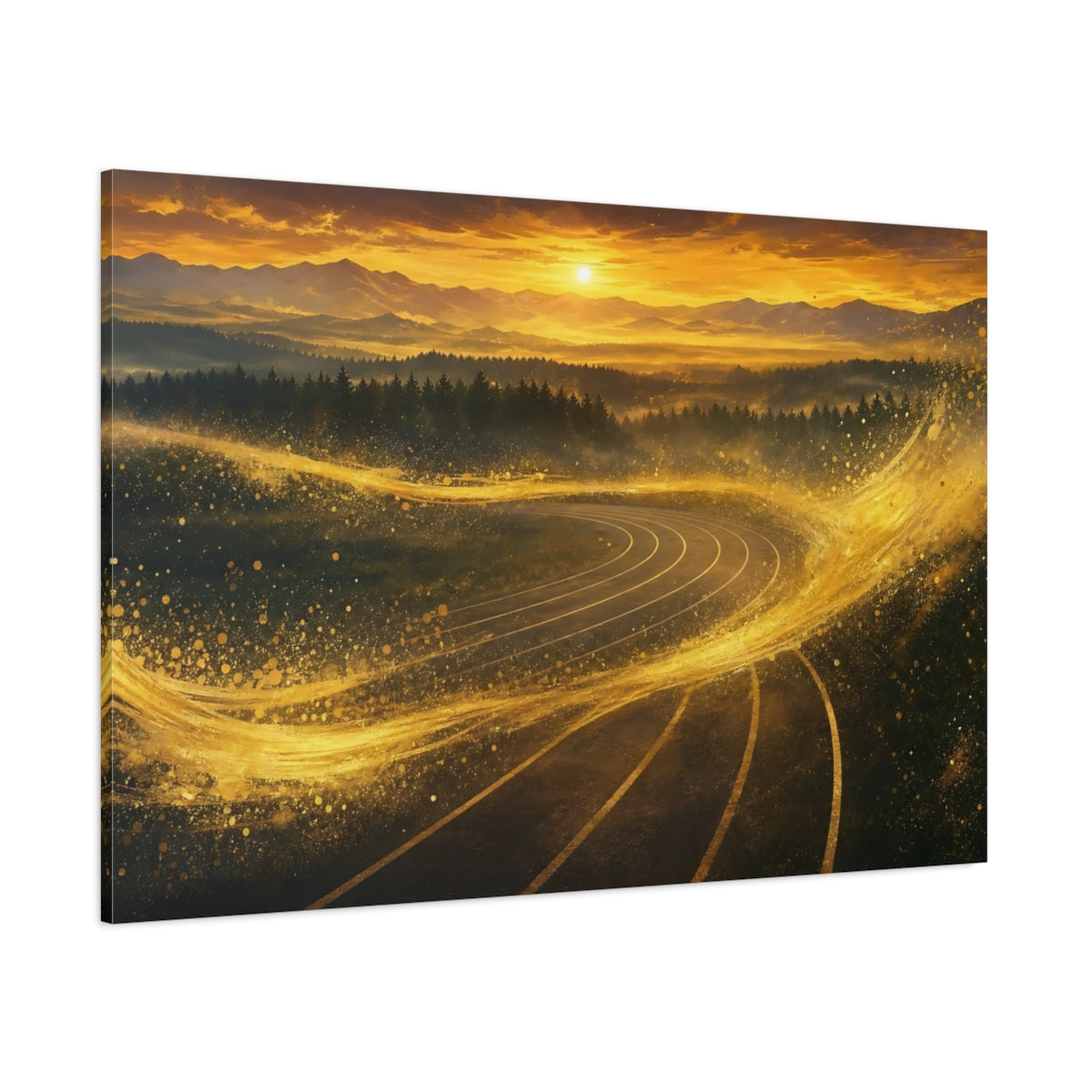 Side Mockup 1. Abstract Winding Track Golden Track Landscape shown as stretched canvas wall art