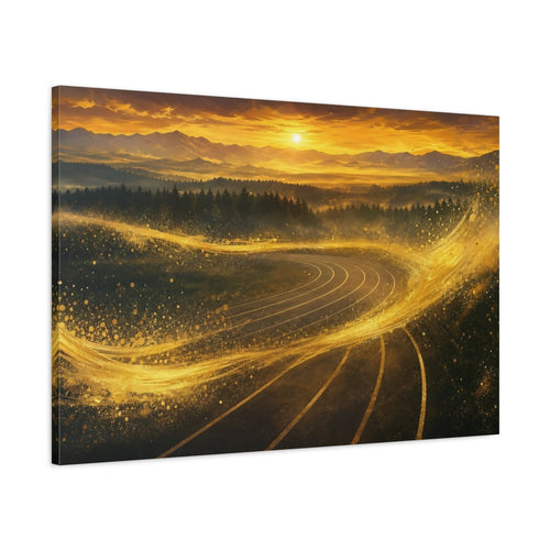 Main Mockup. Abstract Winding Track Golden Track Landscape shown as stretched canvas wall art