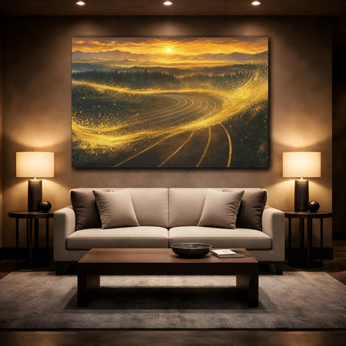 Mockup 2. Abstract Winding Track Golden Track Landscape shown as stretched canvas wall art