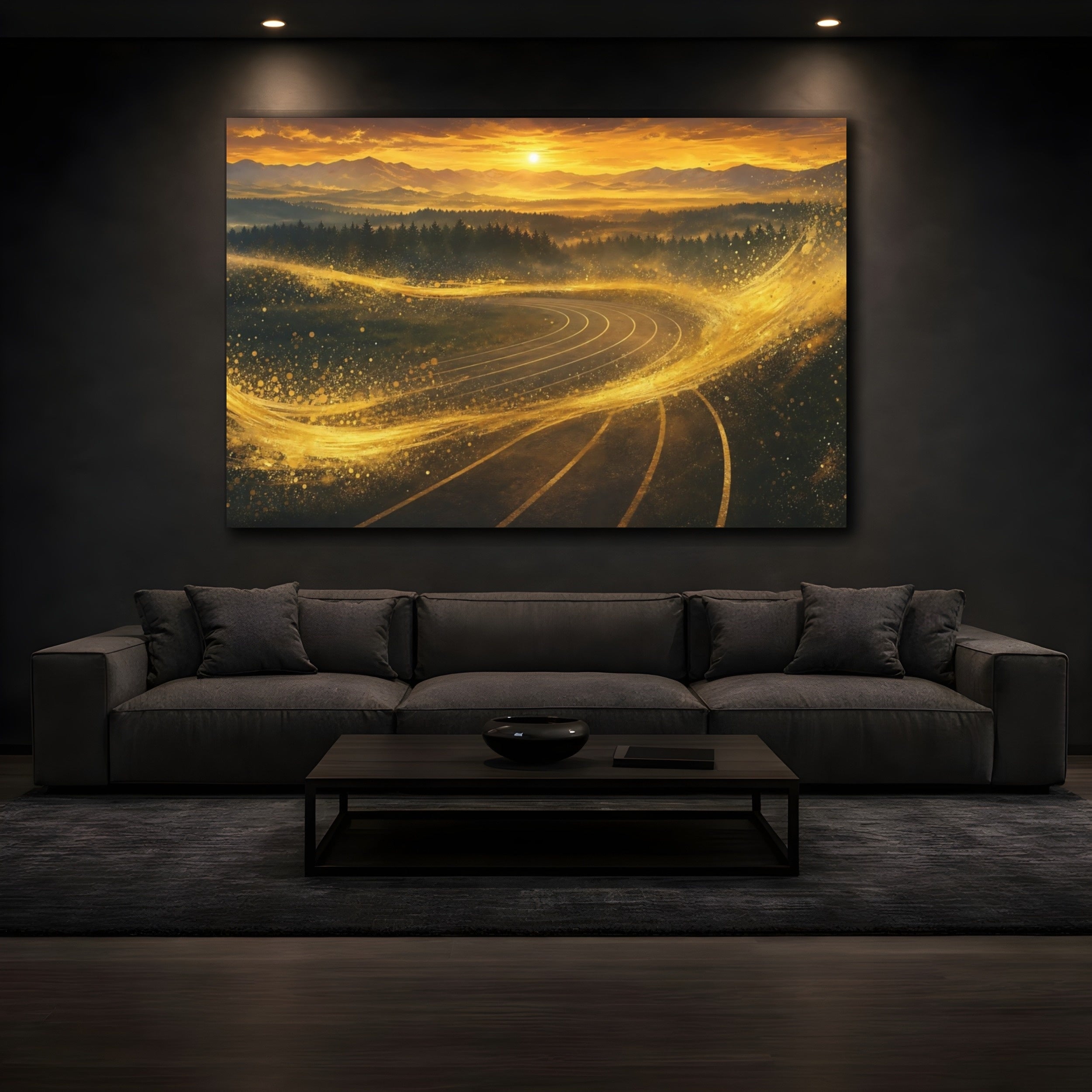Mockup 3. Abstract Winding Track Golden Track Landscape shown as stretched canvas wall art
