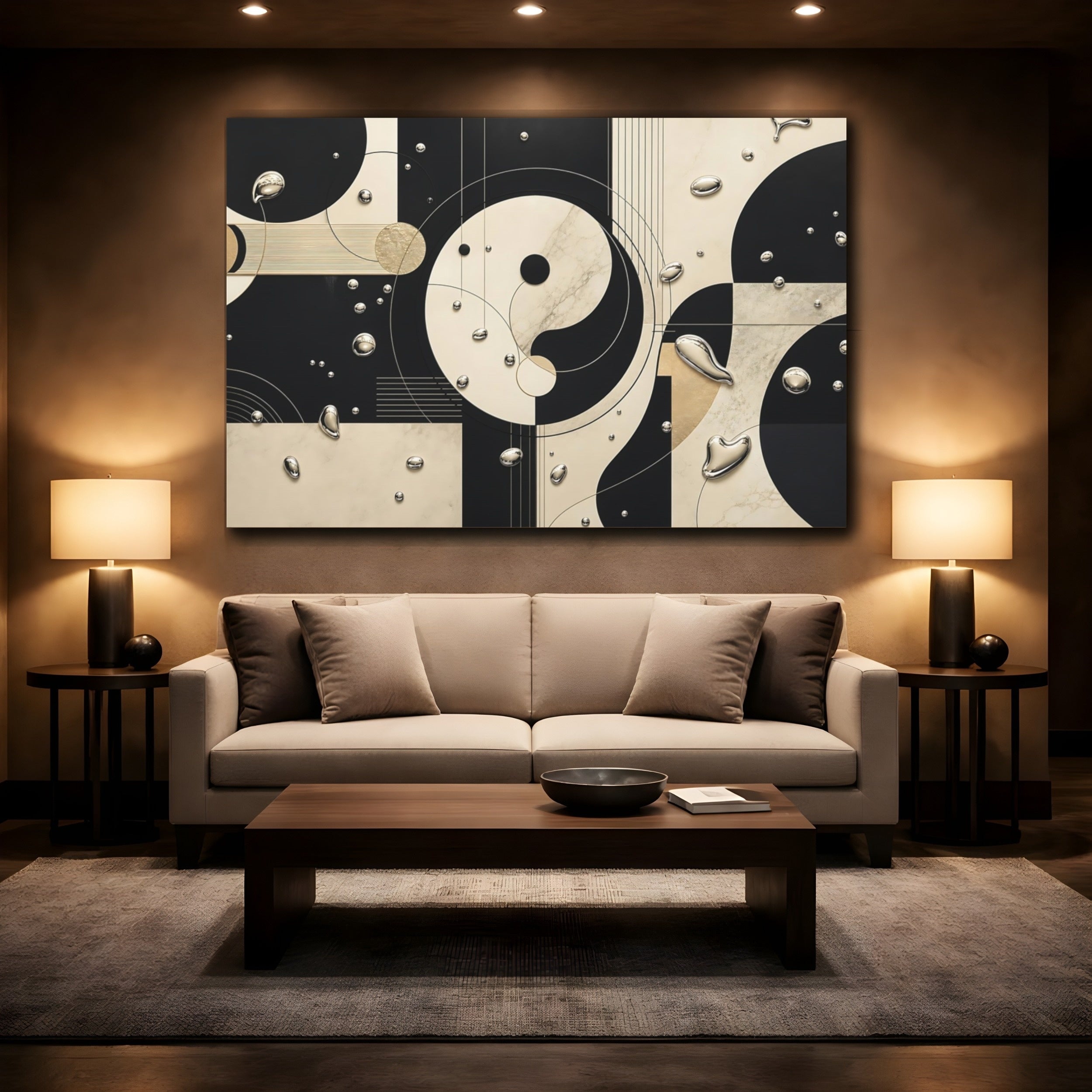 Mockup 2. Abstract Yin-Yang Black Cream Abstract shown as stretched canvas wall art