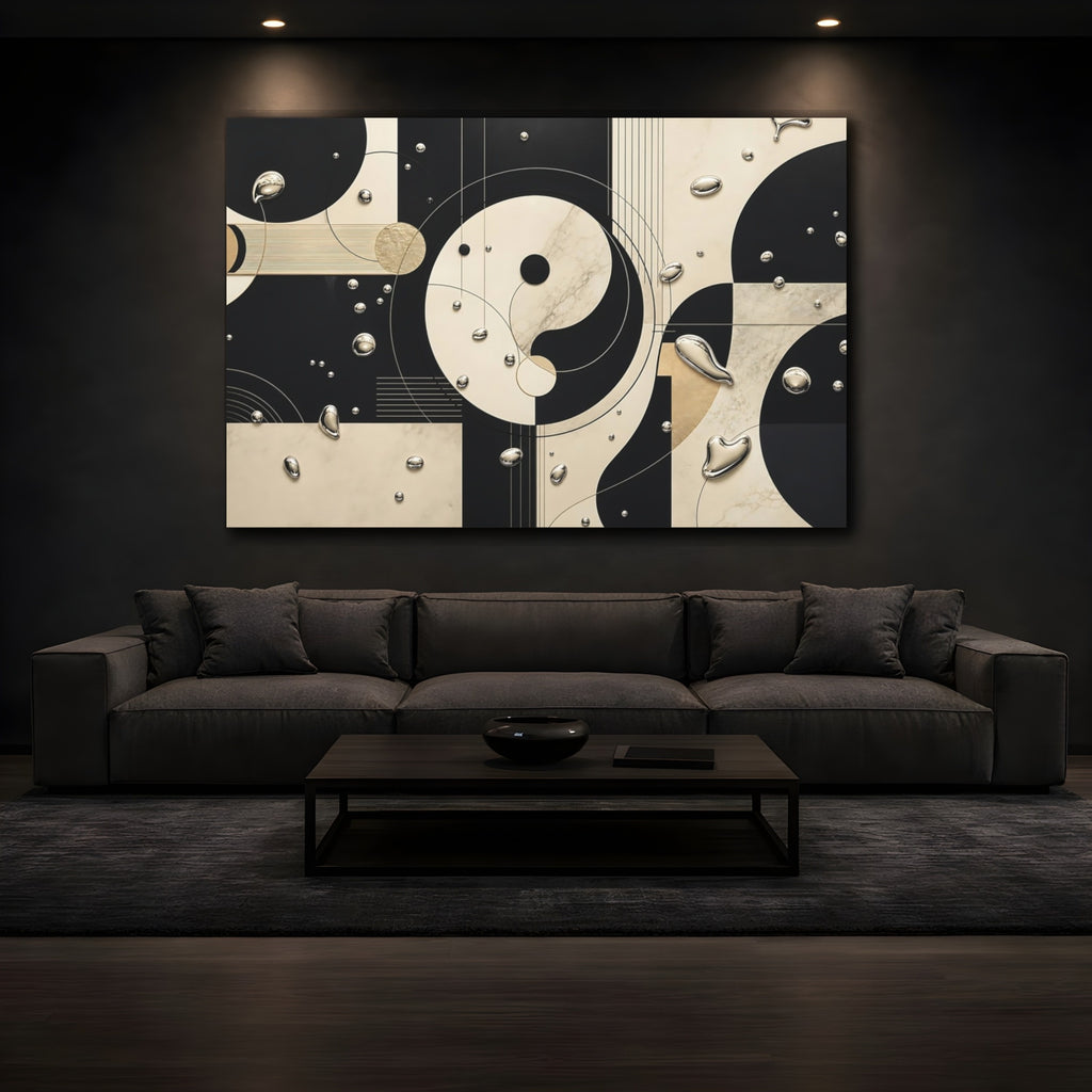 Mockup 3. Abstract Yin-Yang Black Cream Abstract shown as stretched canvas wall art