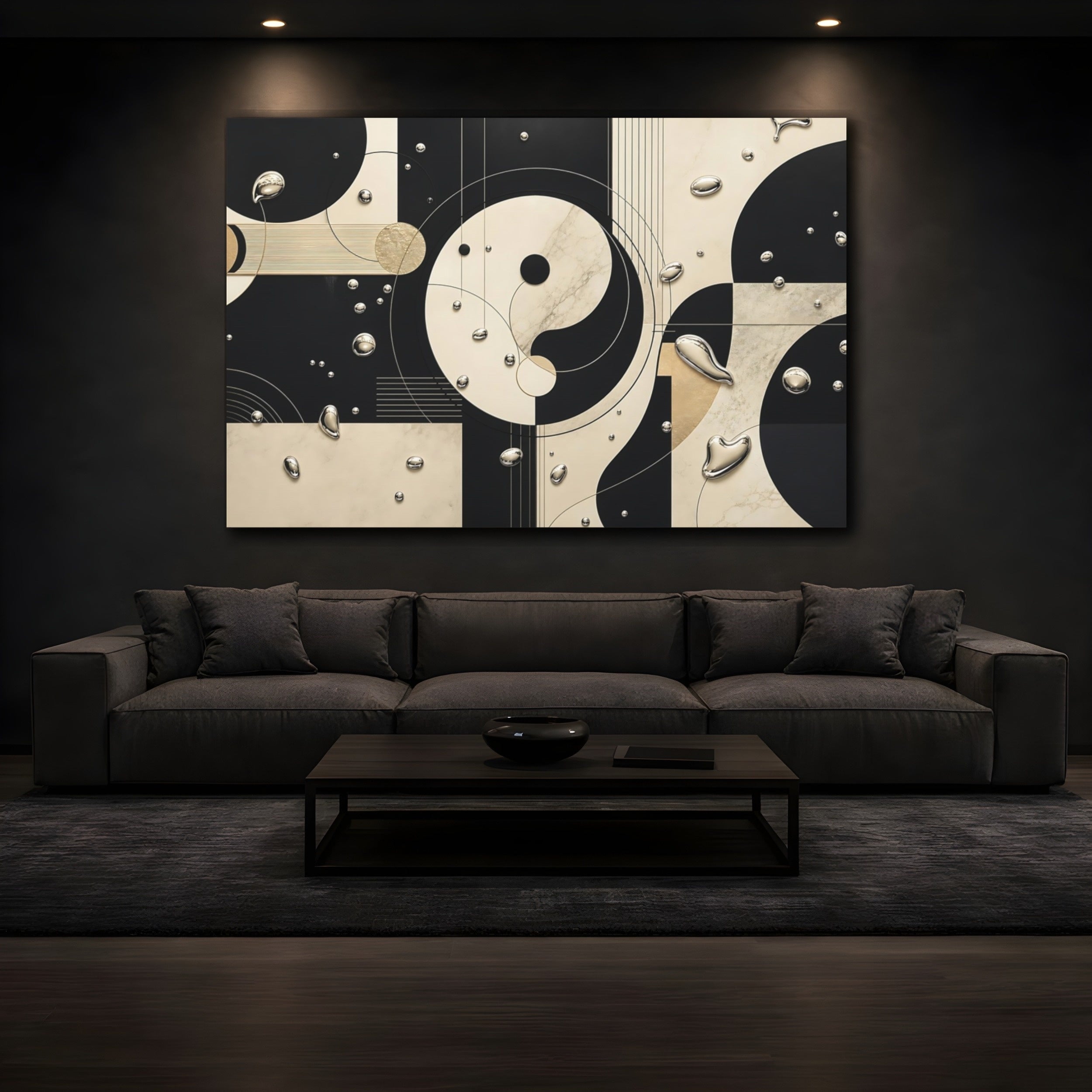 Mockup 3. Abstract Yin-Yang Black Cream Abstract shown as stretched canvas wall art