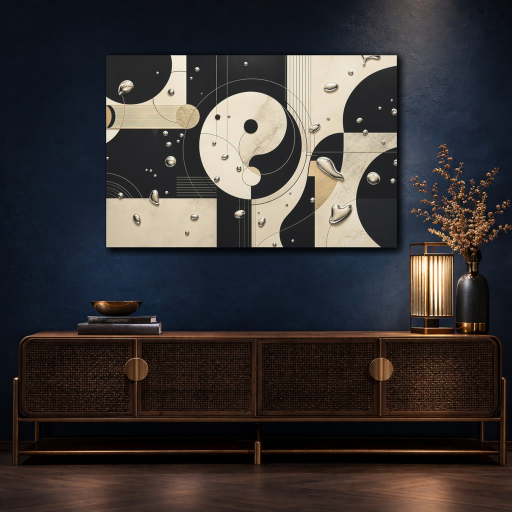 Mockup 4. Abstract Yin-Yang Black Cream Abstract shown as stretched canvas wall art