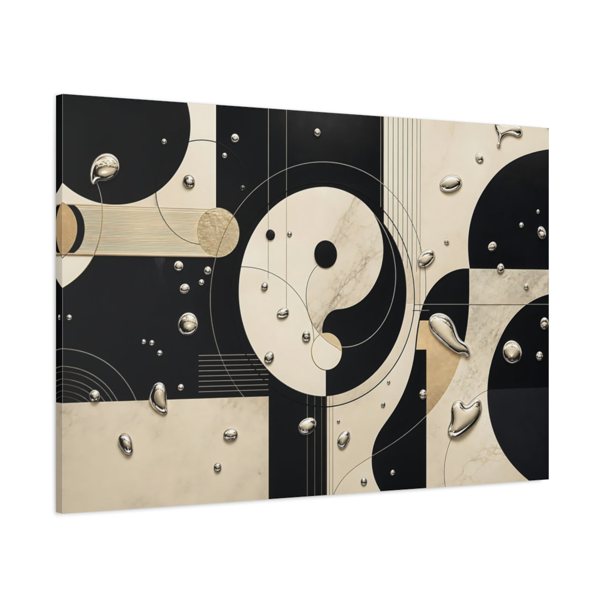 Side Mockup 1. Abstract Yin-Yang Black Cream Abstract shown as stretched canvas wall art