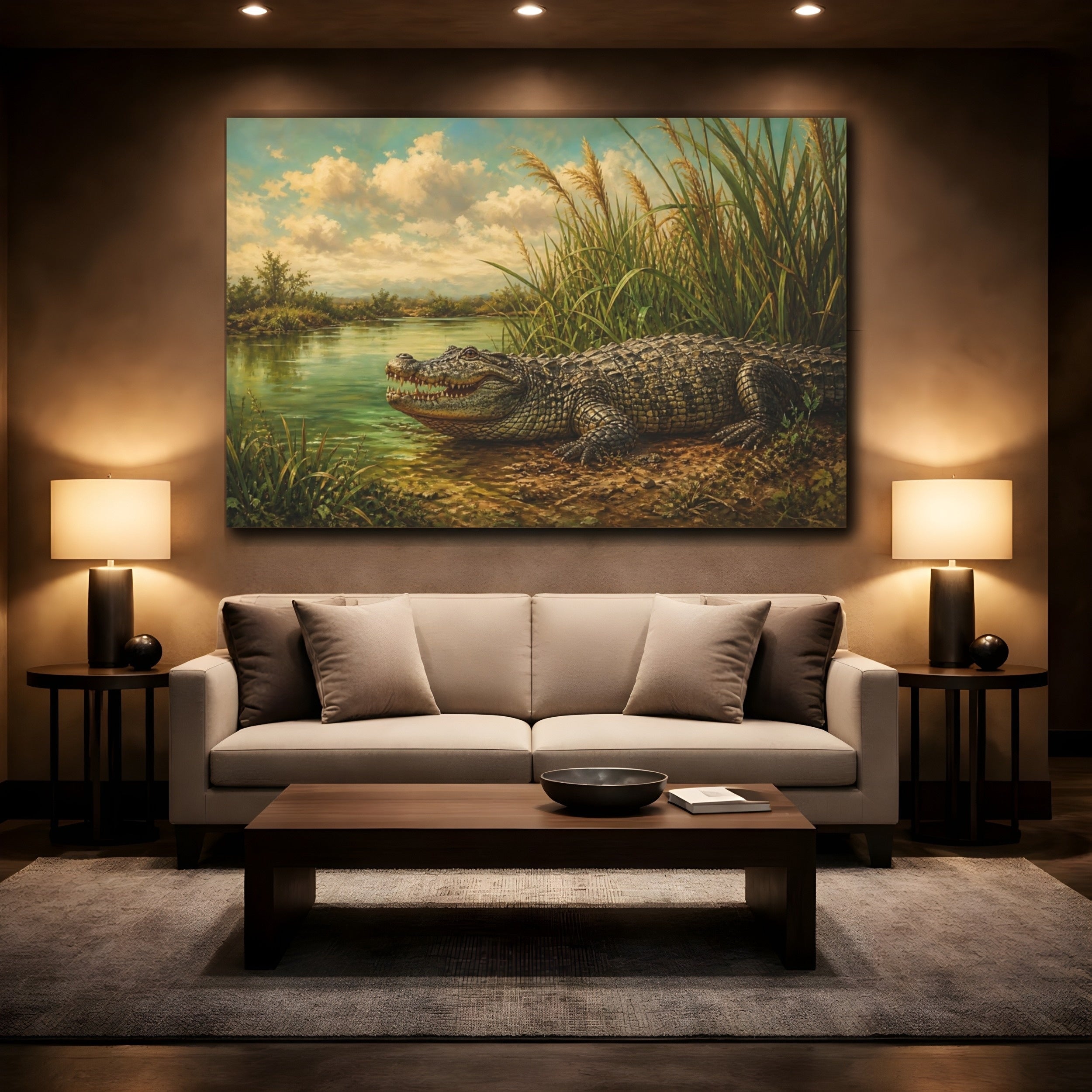 Mockup 2. Animals Alligator Alligator Green Brown shown as canvas print