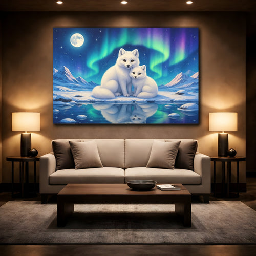 Mockup 2. Animals Arctic Foxes Arctic Fox Aurora shown as canvas print