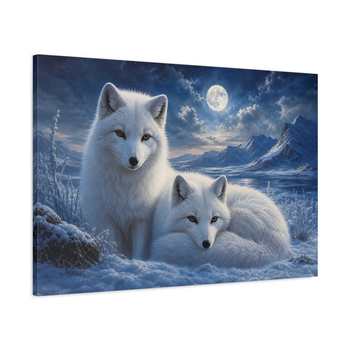 Main Mockup. Animals Arctic Foxes White And Blue shown as canvas print