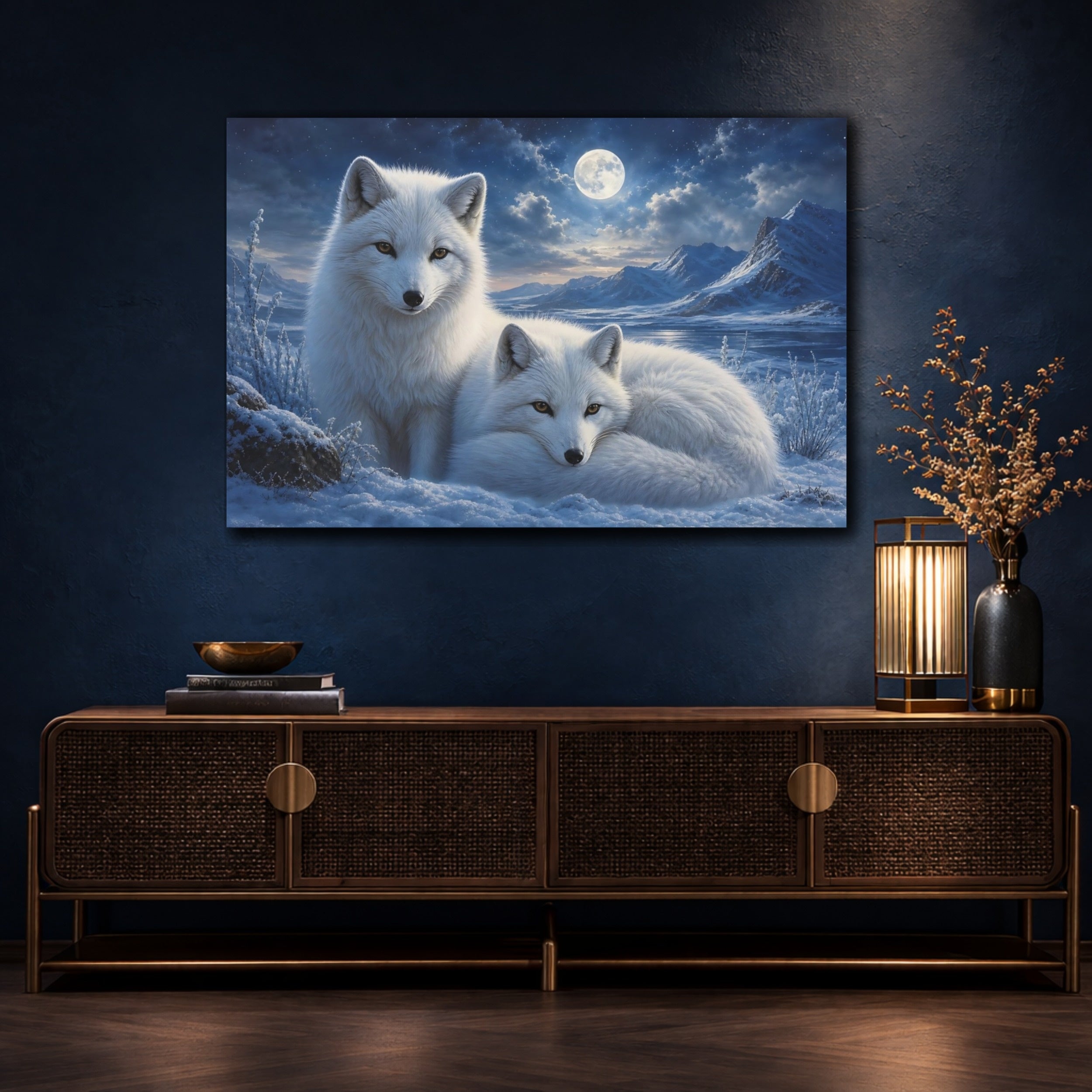 Mockup 4. Animals Arctic Foxes White And Blue shown as canvas print