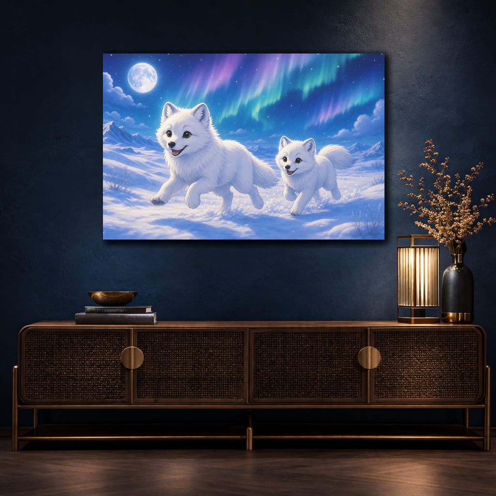 Mockup 4. Animals Arctic Foxes White Arctic Foxes shown as stretched canvas wall art