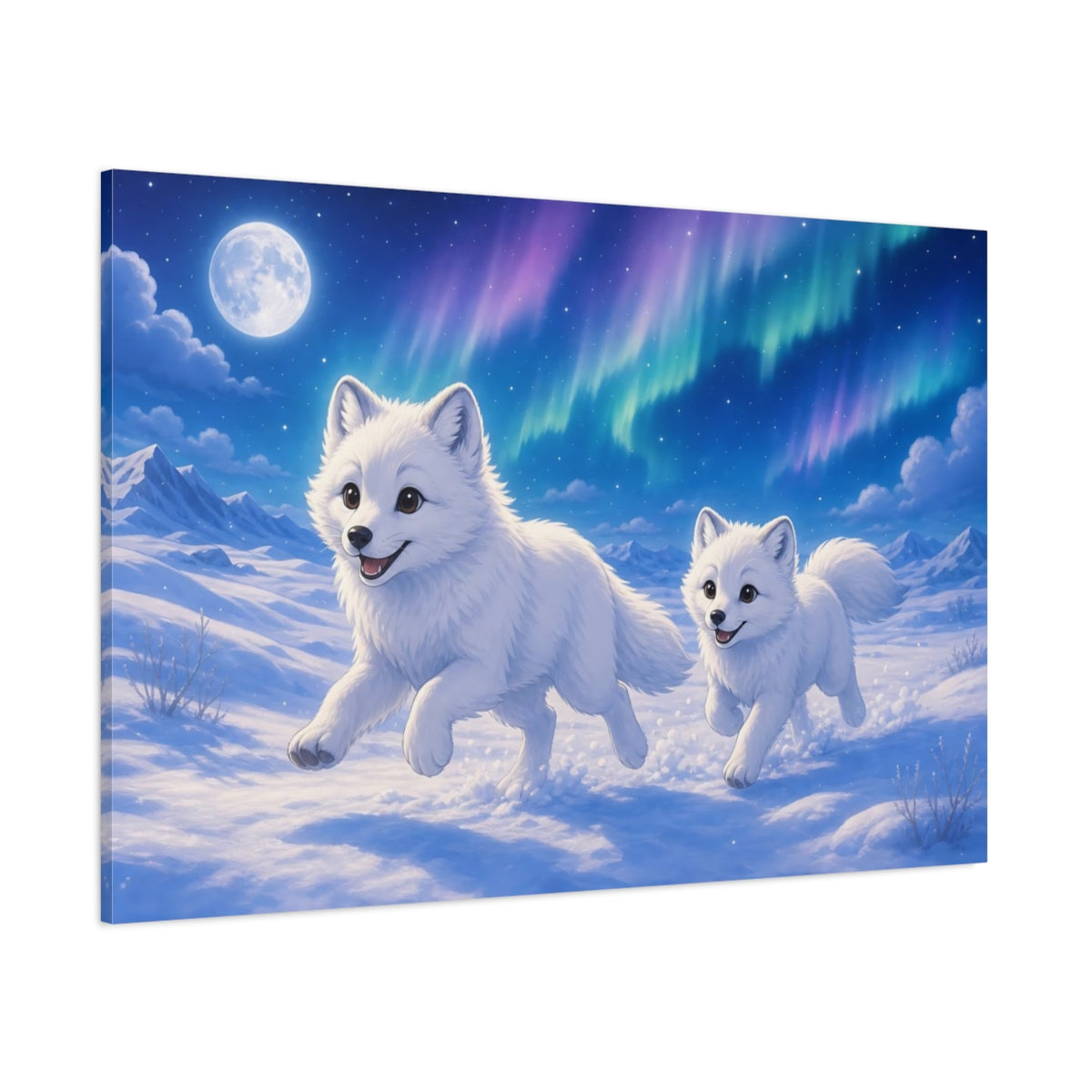 Side Mockup 1. Animals Arctic Foxes White Arctic Foxes shown as stretched canvas wall art