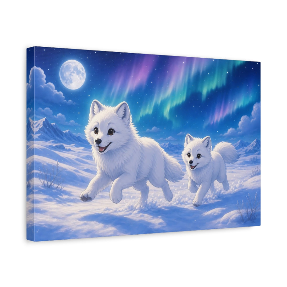 Side Mockup 4. Animals Arctic Foxes White Arctic Foxes shown as stretched canvas wall art