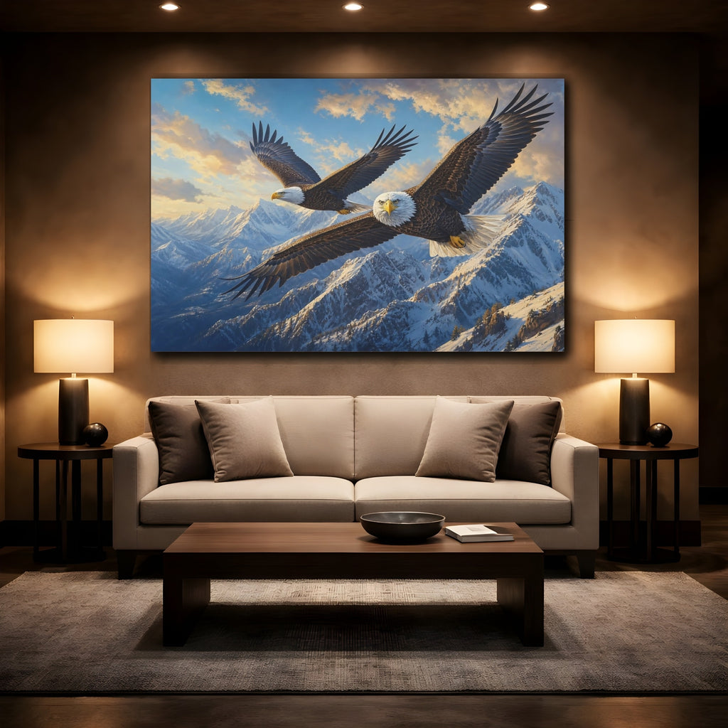 Mockup 2. Animals Bald Eagles Brown And White Eagles shown as stretched canvas wall art