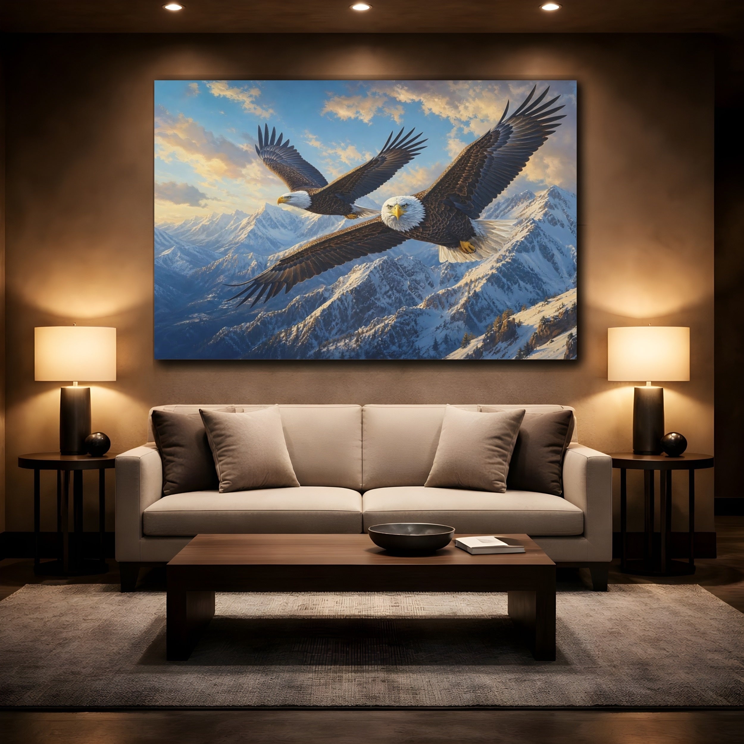 Mockup 2. Animals Bald Eagles Brown And White Eagles shown as stretched canvas wall art