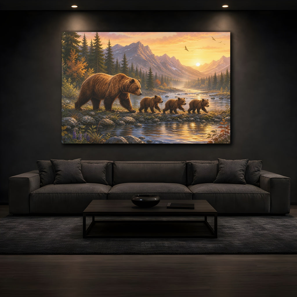 Mockup 3. Animals Bear Family Brown And Gold shown as canvas print