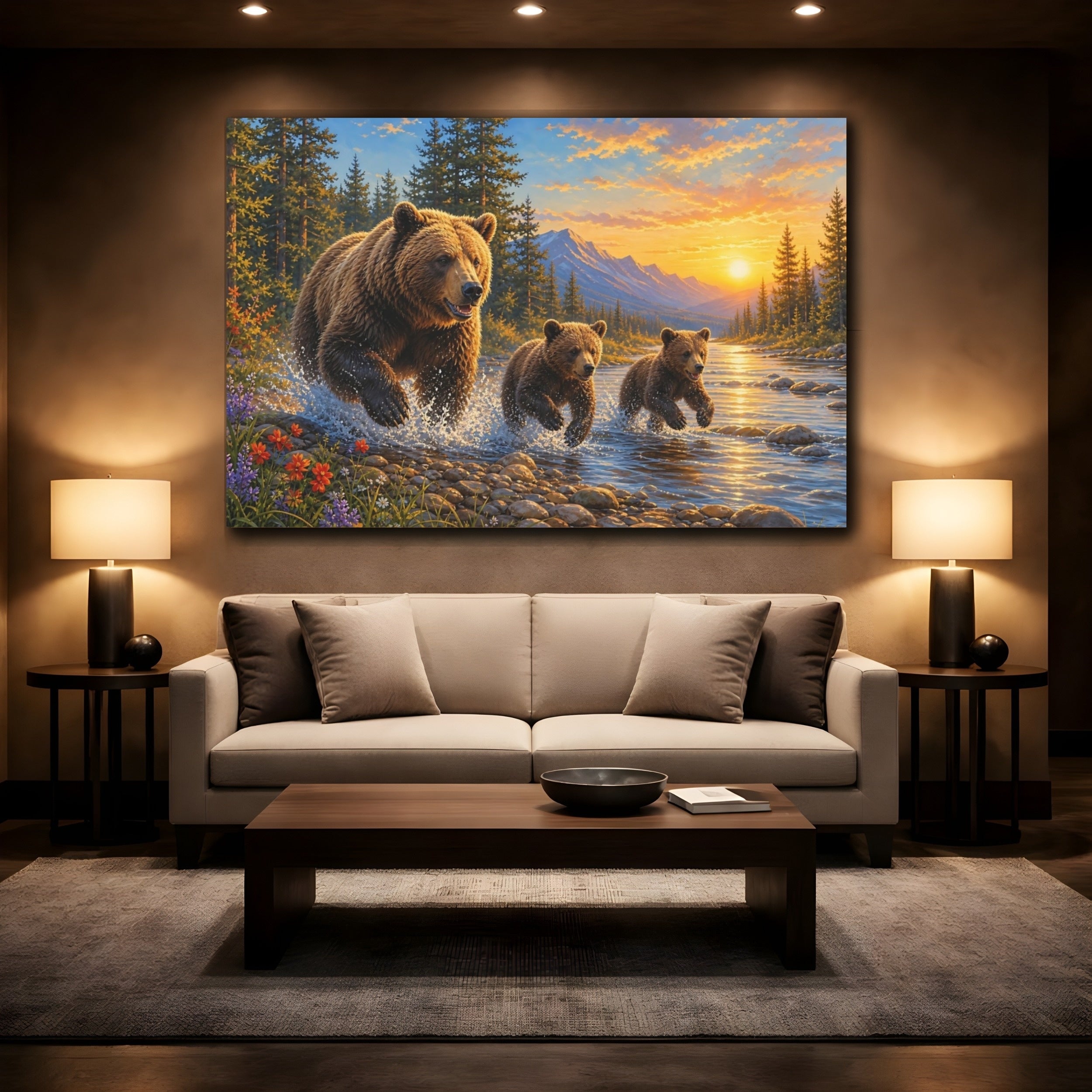 Mockup 2. Animals Bears Brown And Gold shown as stretched canvas wall art