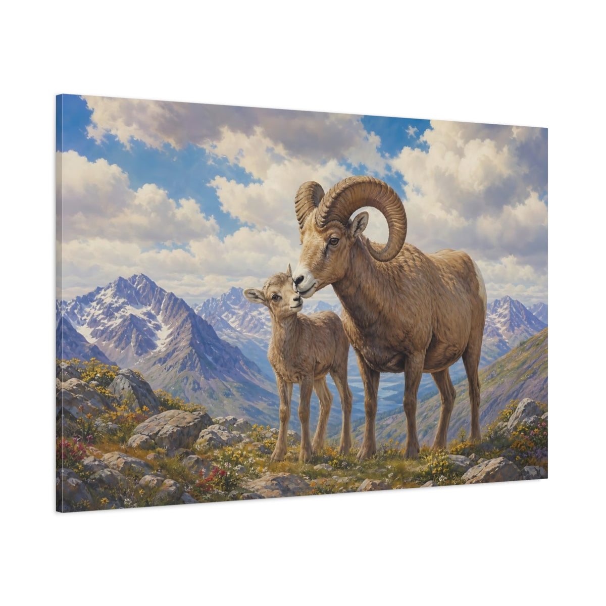 Side Mockup 1. Animals Bighorn Sheep Brown And Blue shown as stretched canvas wall art