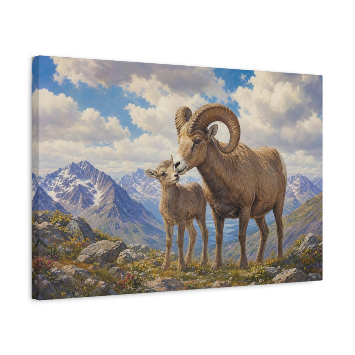 Side Mockup 3. Animals Bighorn Sheep Brown And Blue shown as stretched canvas wall art