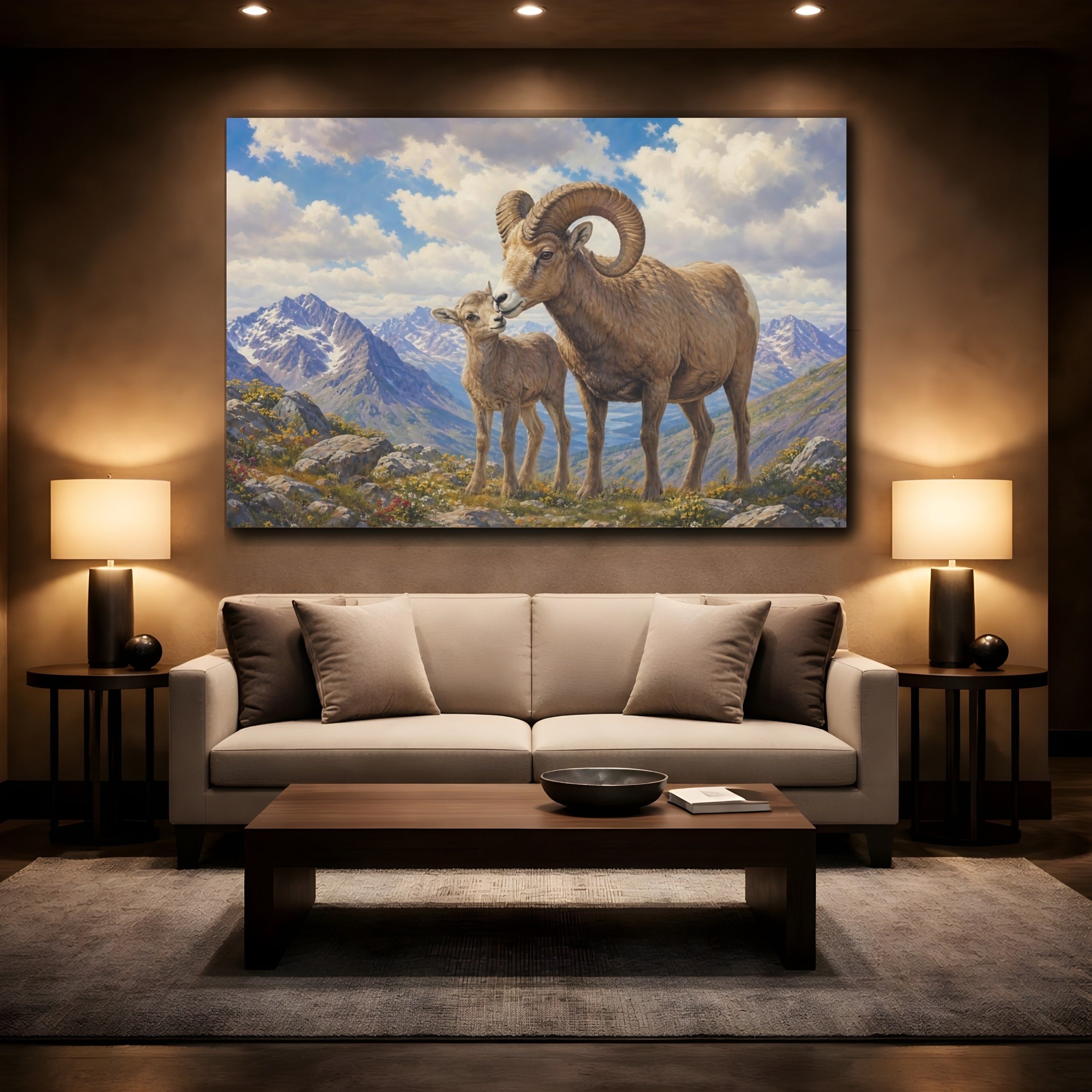 Mockup 2. Animals Bighorn Sheep Brown And Blue shown as stretched canvas wall art