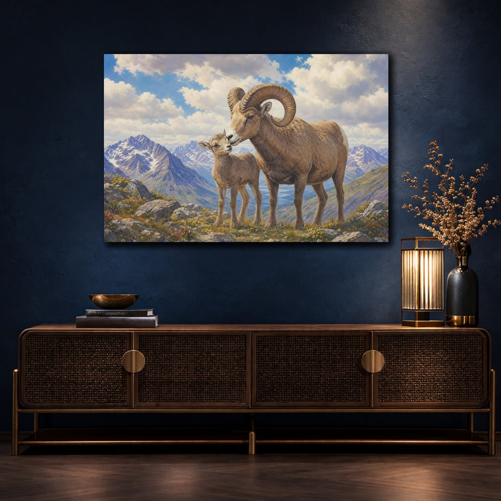 Mockup 4. Animals Bighorn Sheep Brown And Blue shown as stretched canvas wall art
