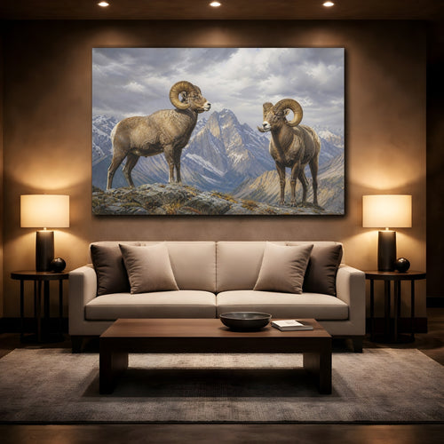 Mockup 2. Animals Bighorn Sheep Brown Grey Mountains shown as stretched canvas wall art