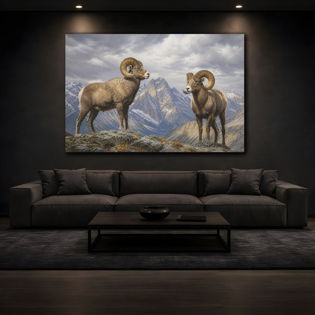 Mockup 3. Animals Bighorn Sheep Brown Grey Mountains shown as stretched canvas wall art