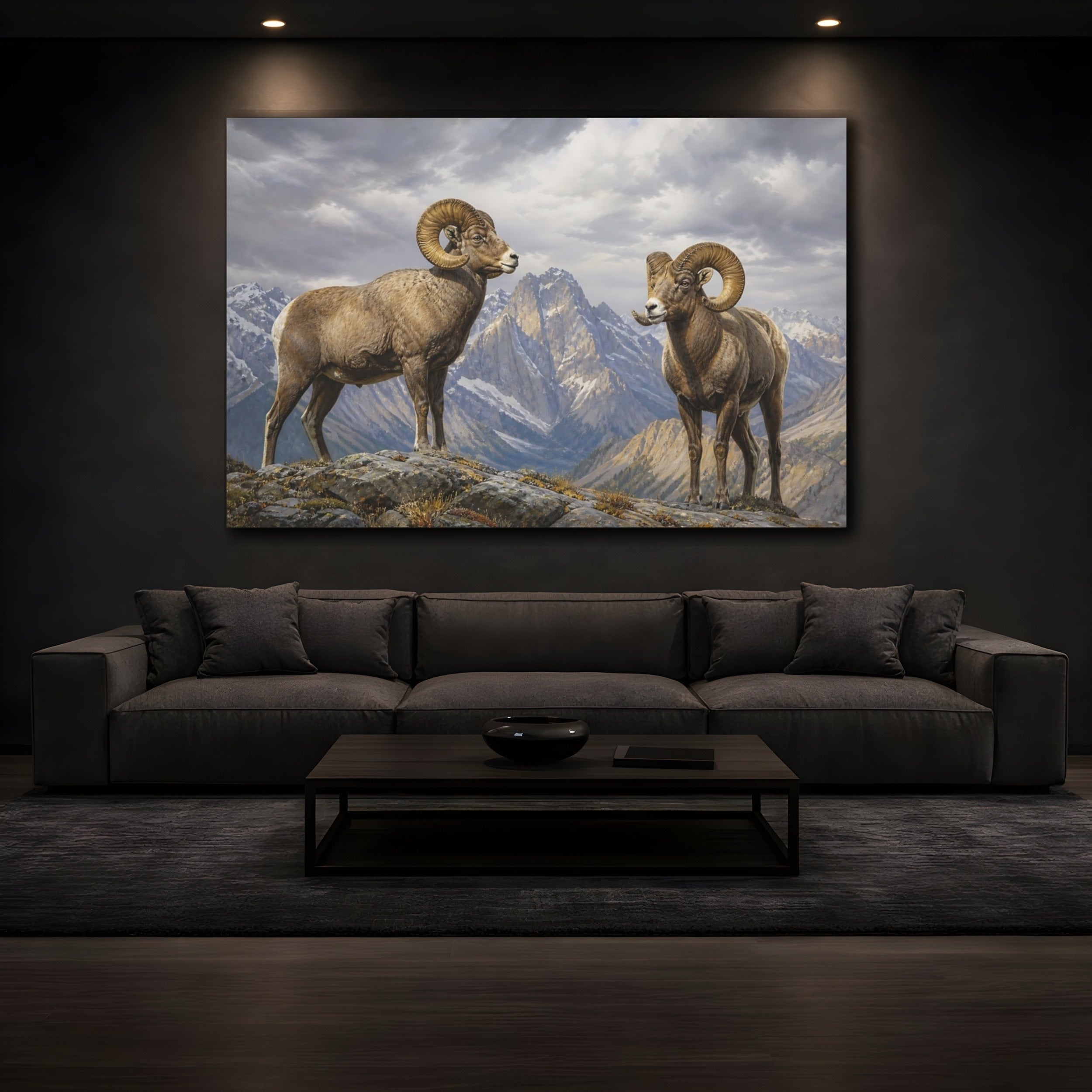 Mockup 3. Animals Bighorn Sheep Brown Grey Mountains shown as stretched canvas wall art