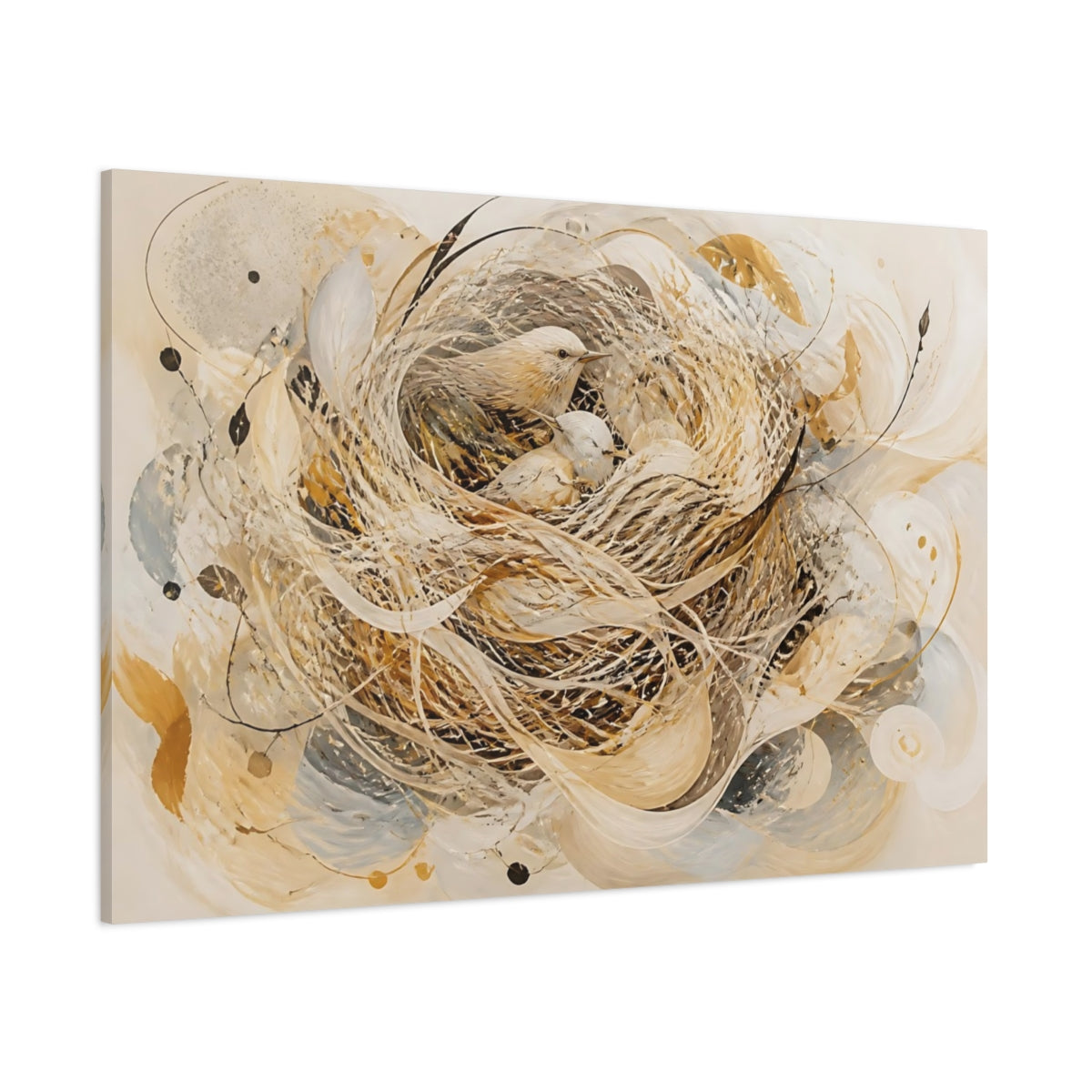 Side Mockup 1. Animals Birds Beige And Gold shown as stretched canvas wall art