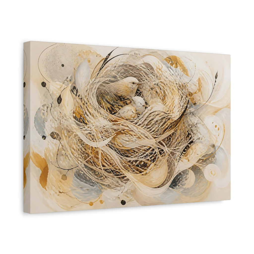 Side Mockup 4. Animals Birds Beige And Gold shown as stretched canvas wall art