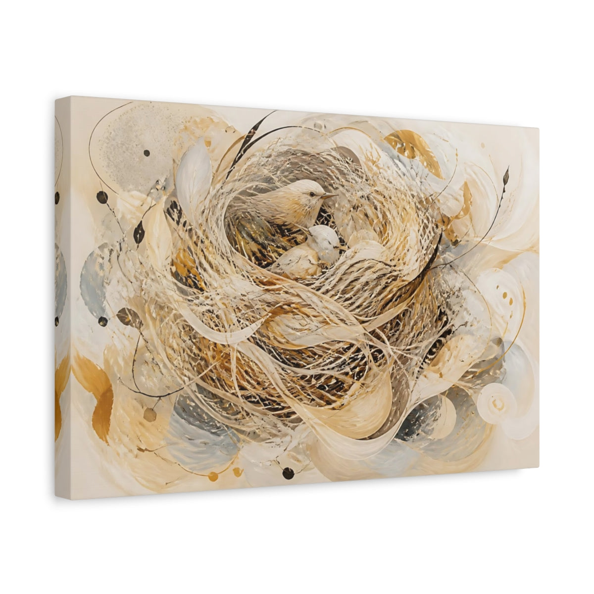 Side Mockup 4. Animals Birds Beige And Gold shown as stretched canvas wall art