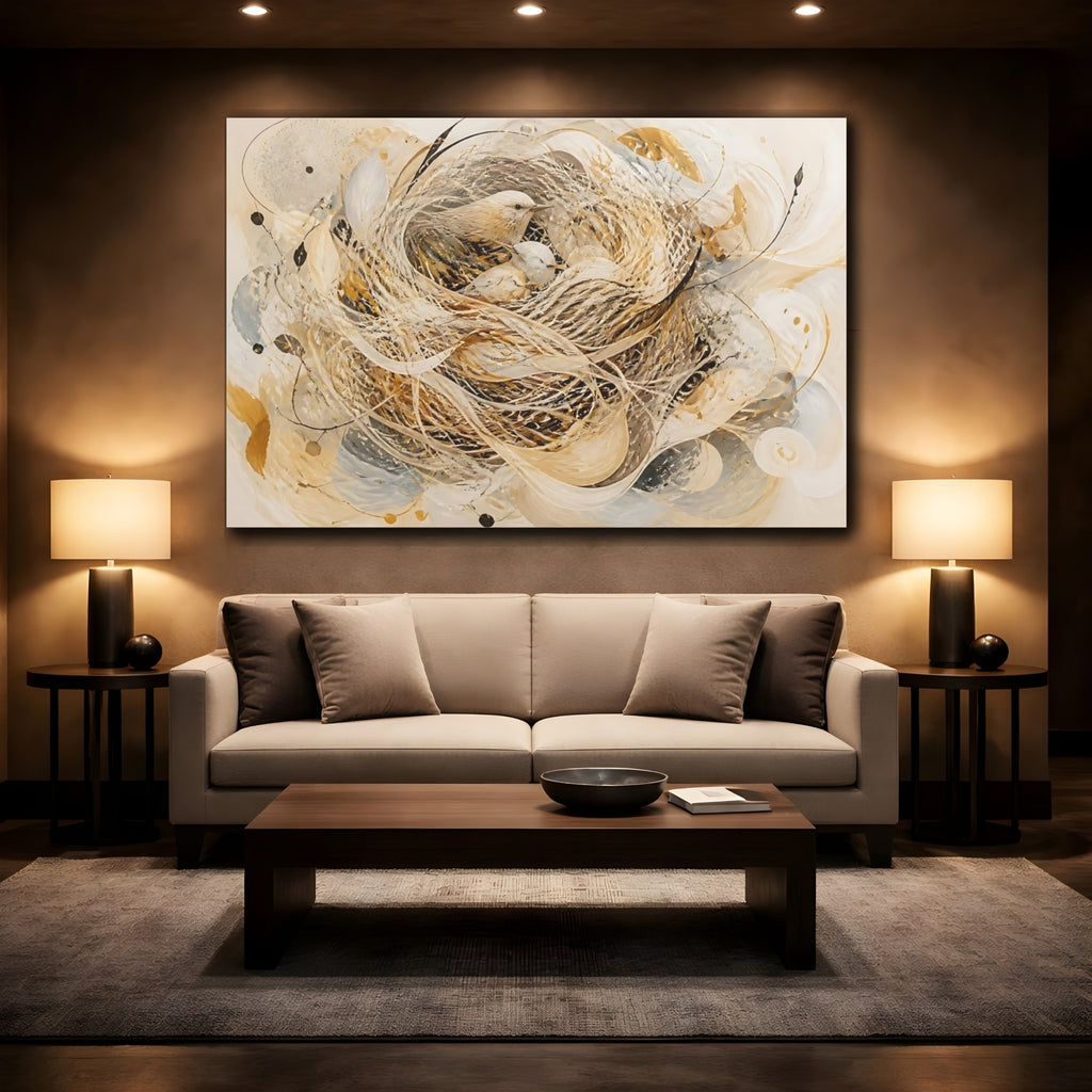 Mockup 2. Animals Birds Beige And Gold shown as stretched canvas wall art