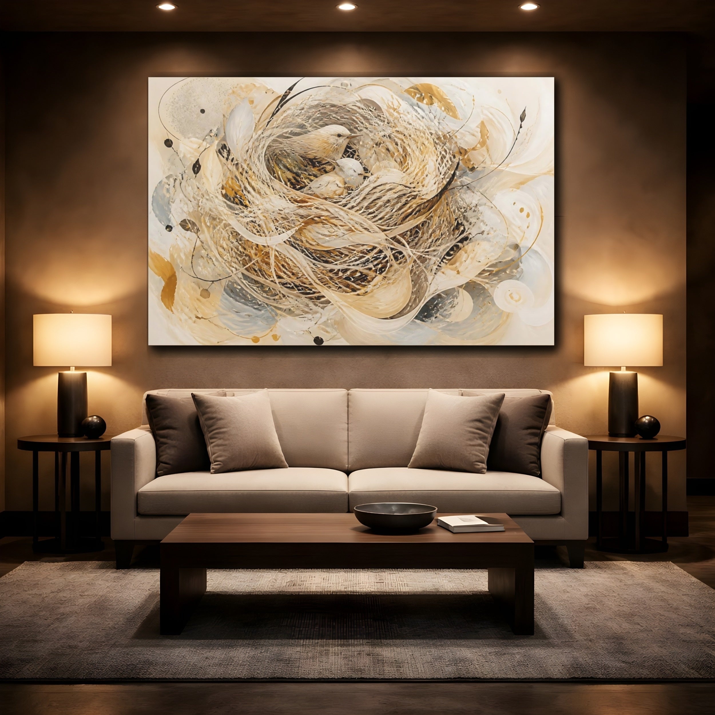 Mockup 2. Animals Birds Beige And Gold shown as stretched canvas wall art