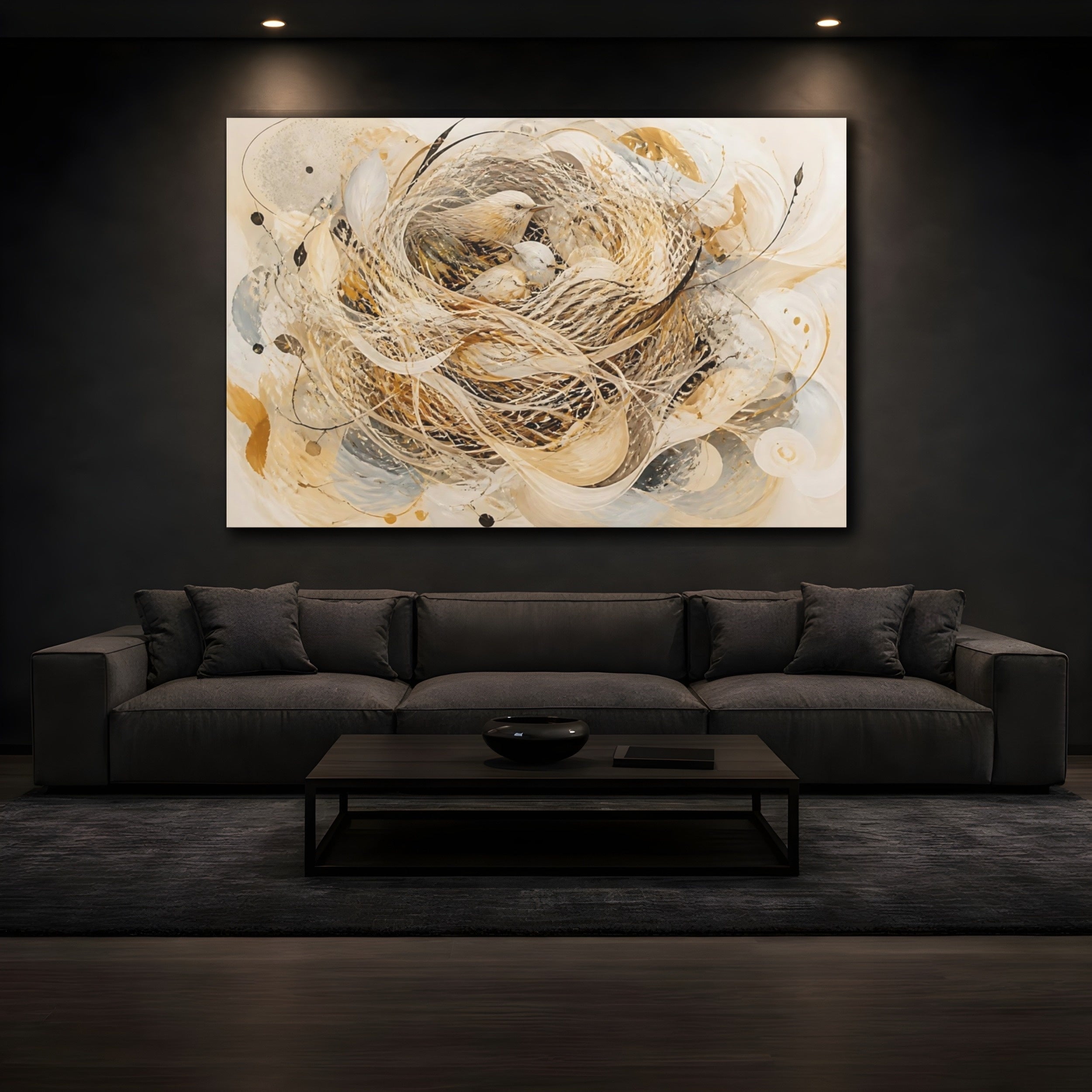 Mockup 3. Animals Birds Beige And Gold shown as stretched canvas wall art