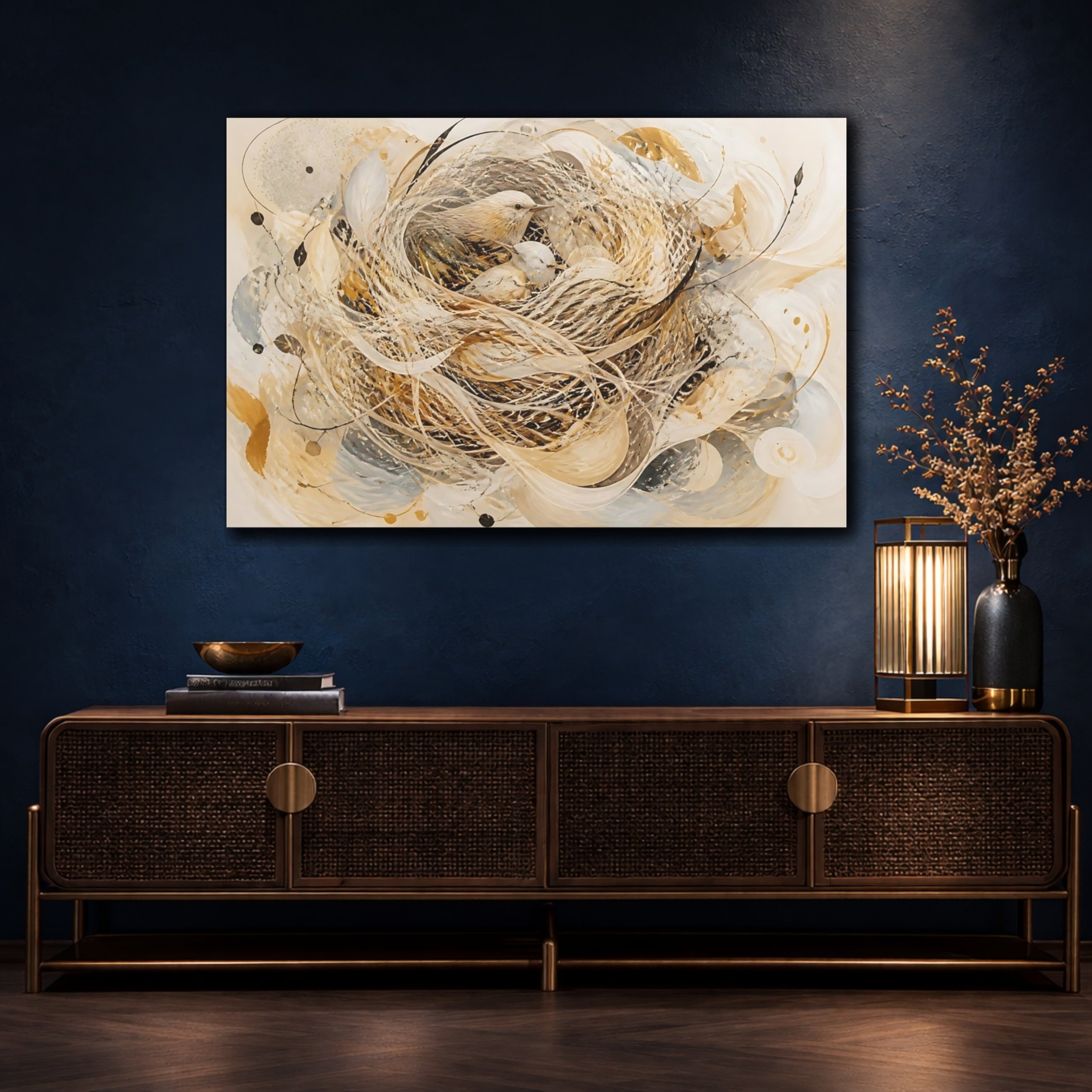 Mockup 4. Animals Birds Beige And Gold shown as stretched canvas wall art