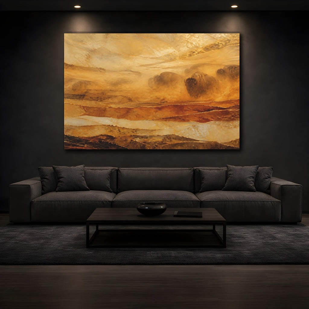 Mockup 3. Animals Bison Herd Brown Gold Bison shown as stretched canvas wall art