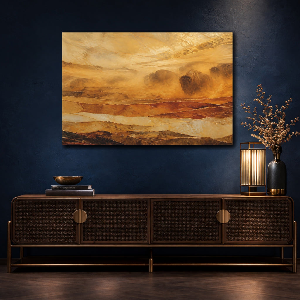 Mockup 4. Animals Bison Herd Brown Gold Bison shown as stretched canvas wall art
