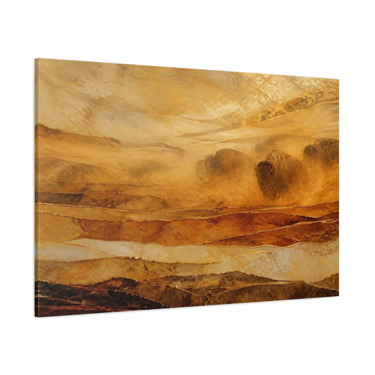 Side Mockup 1. Animals Bison Herd Brown Gold Bison shown as stretched canvas wall art