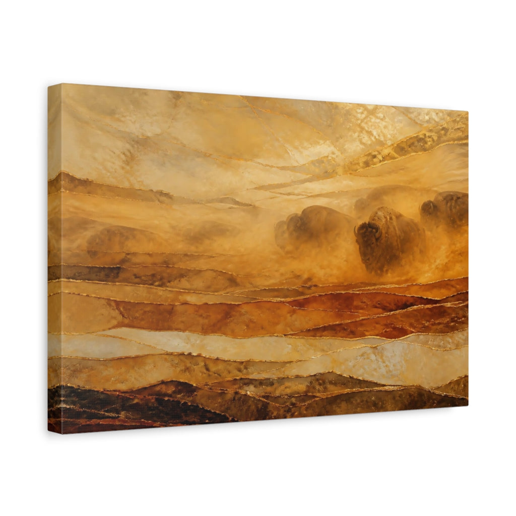 Side Mockup 4. Animals Bison Herd Brown Gold Bison shown as stretched canvas wall art