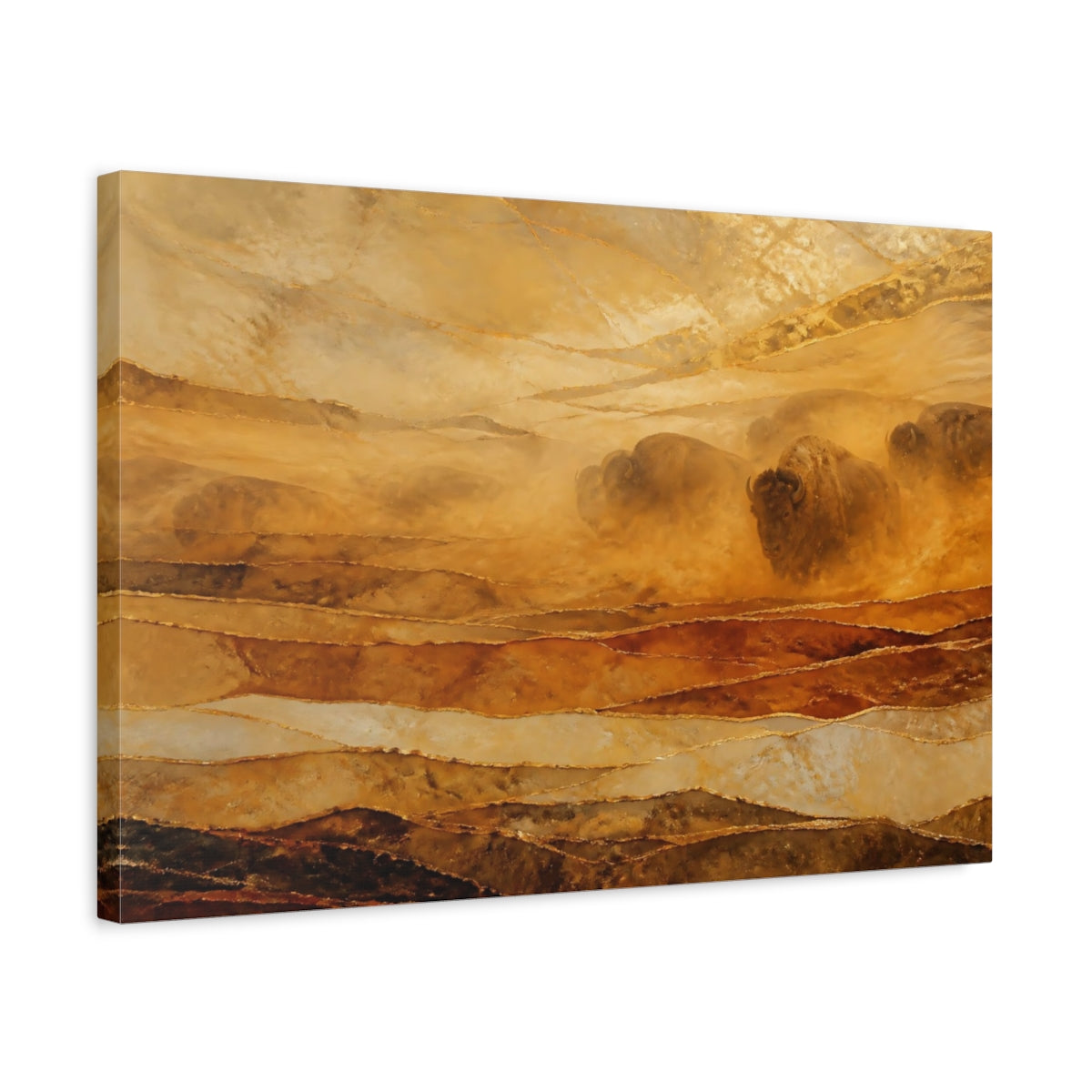 Side Mockup 3. Animals Bison Herd Brown Gold Bison shown as stretched canvas wall art