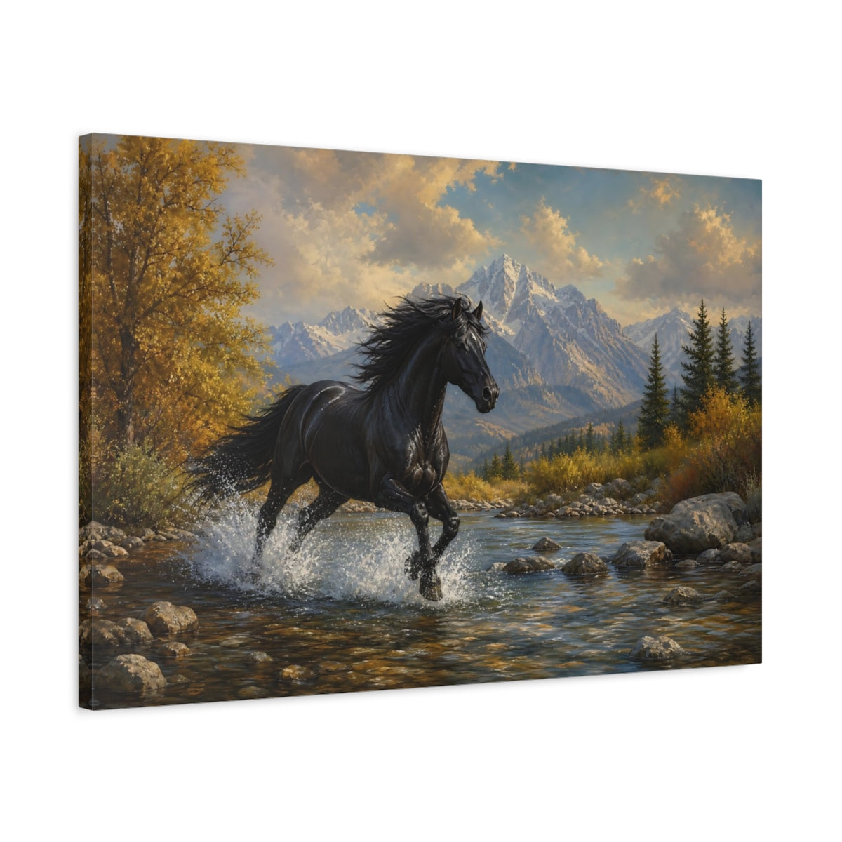 Side Mockup 2. Animals Black Horse Black And Gold shown as stretched canvas wall art