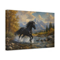 Side Mockup 4. Animals Black Horse Black And Gold shown as stretched canvas wall art