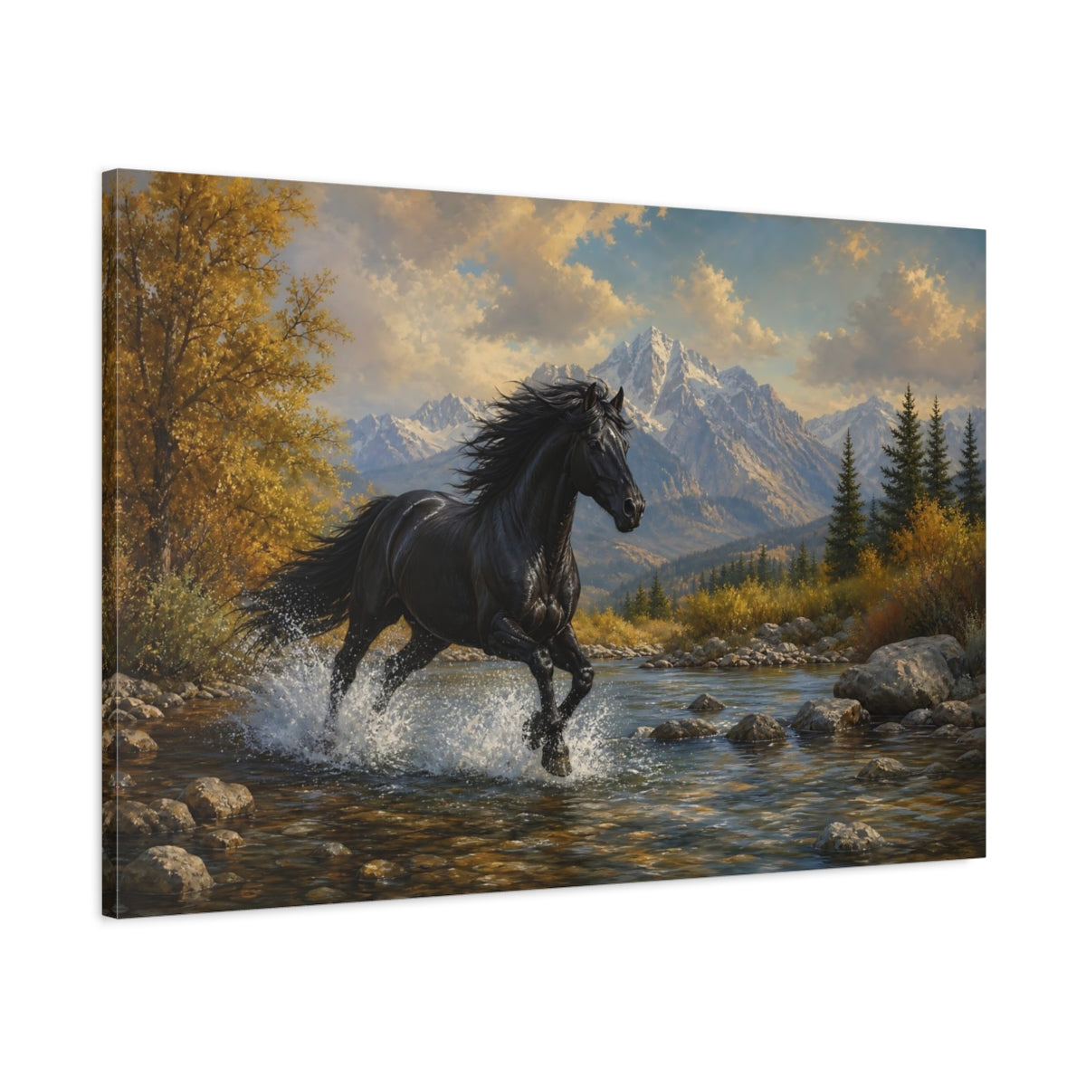 Main Mockup. Animals Black Horse Black And Gold shown as stretched canvas wall art