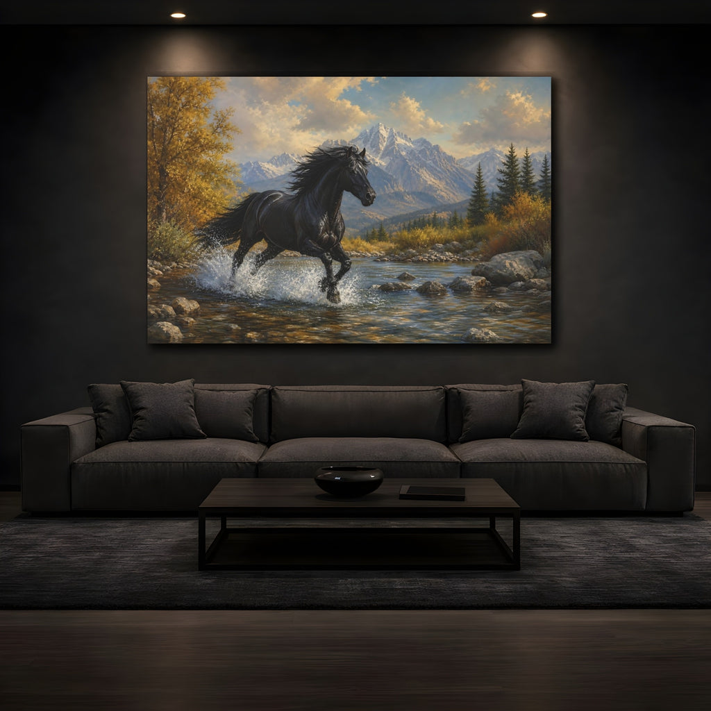 Mockup 3. Animals Black Horse Black And Gold shown as stretched canvas wall art