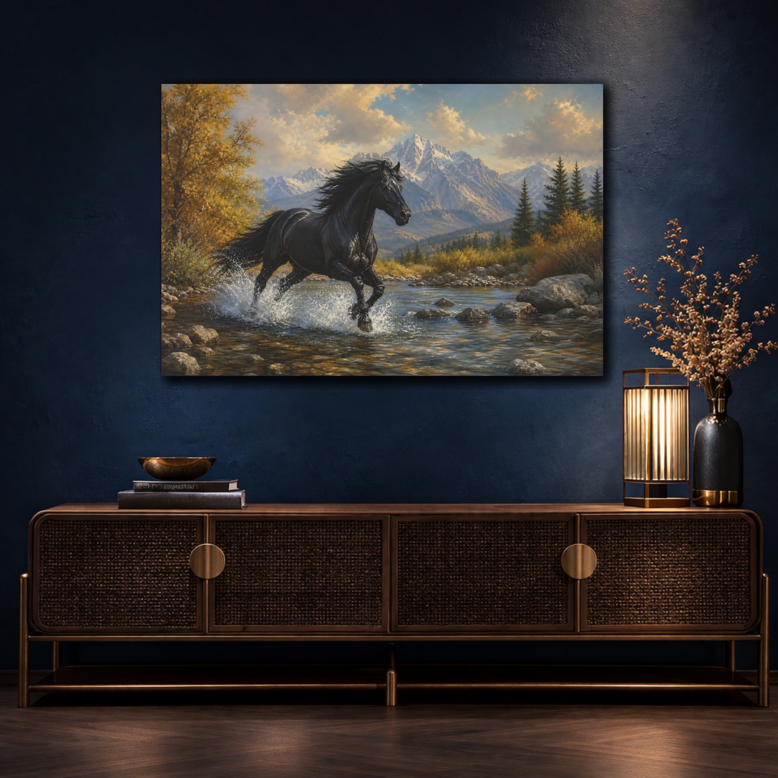 Mockup 4. Animals Black Horse Black And Gold shown as stretched canvas wall art